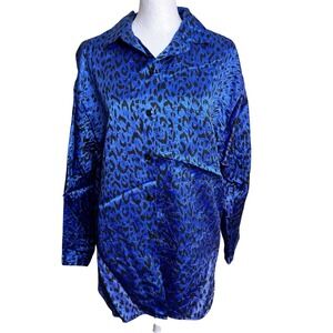 Retrospective Shiny Women's Top Blue Animal Print Button‎ Front Size S USA